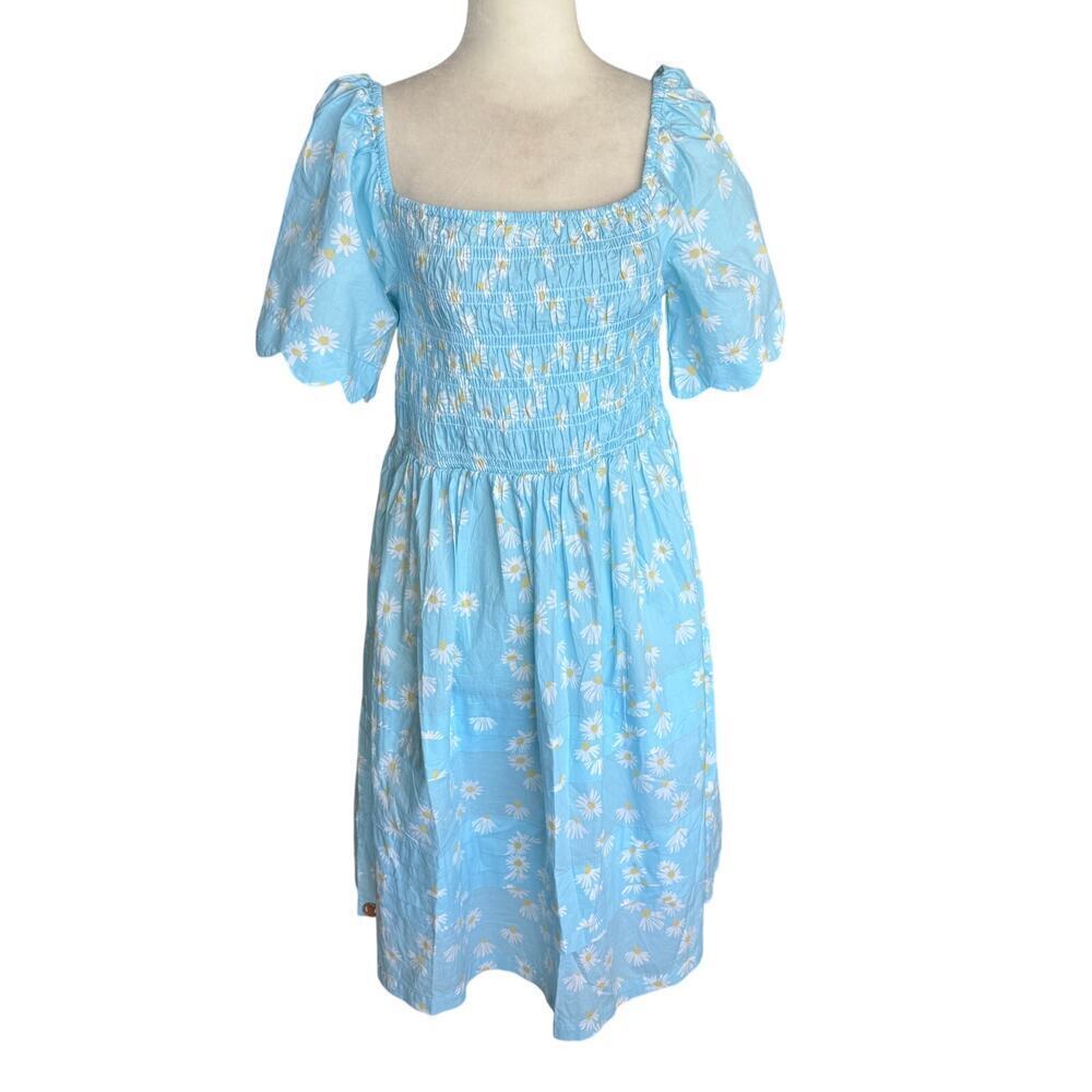 Simply southern NWT sz L puff sleeve, smock chest blue floral dress, cotton